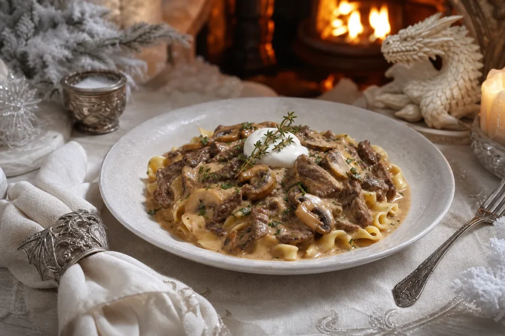 Snowveil Beef Stroganoff served in a warm-lit White Dragon winter hall