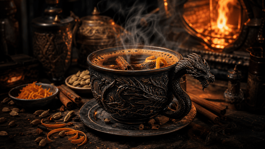 Spiced Dragon Coffee with cinnamon, cardamom and orange peel