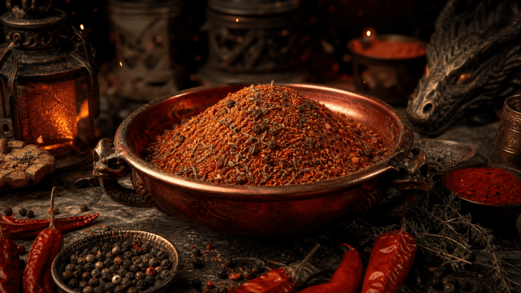 Spicy Cajun Blend presented on a dark fantasy Spice Market workbench