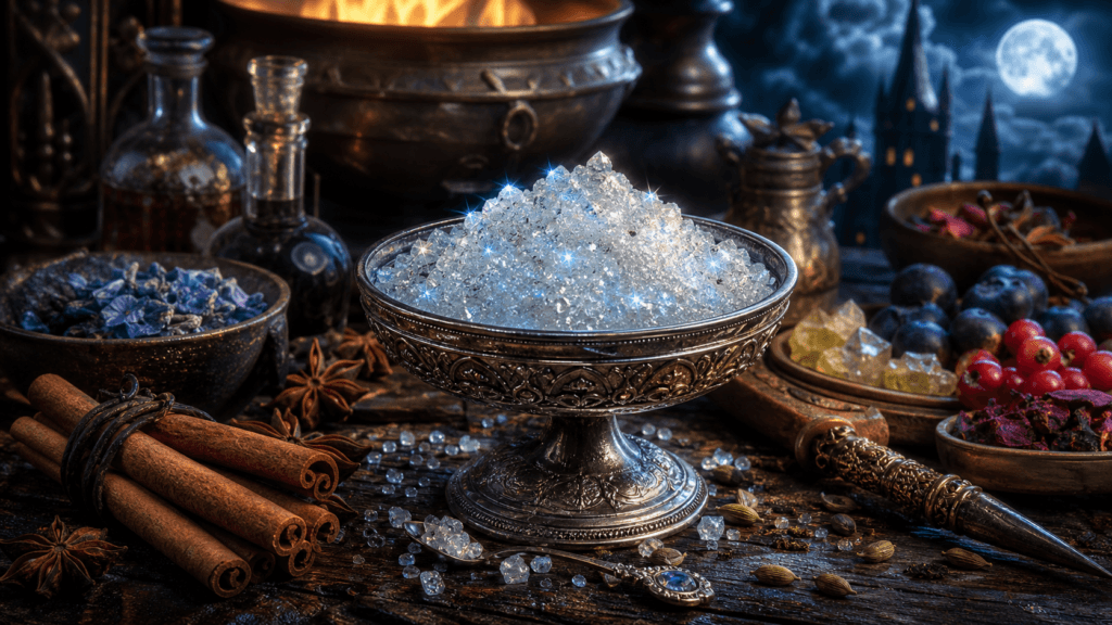 Starlight Sugar presented on a dark fantasy Spice Market workbench