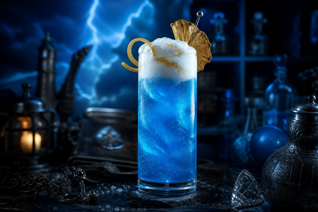 Storm Surge electric-blue pineapple citrus cocktail crowned with white foam