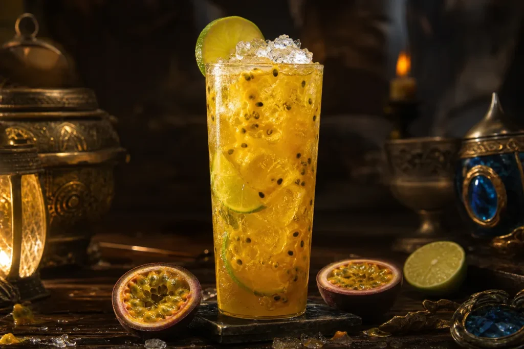 Stormglass Passionfruit Collins with lime and crushed ice