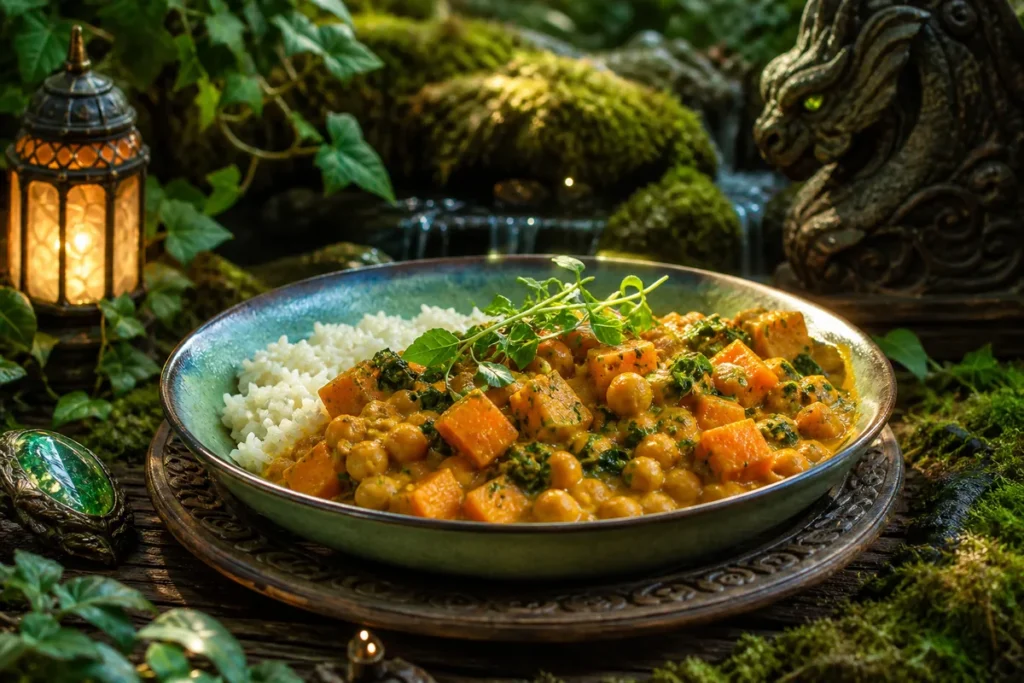 Sunleaf Chickpea & Sweet Potato Curry served in an enchanted Green Dragon woodland feast