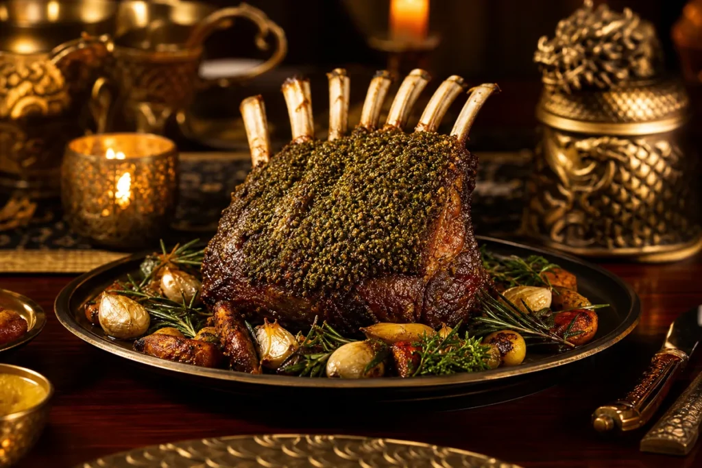 Sunspire Herb-Crusted Rack of Lamb presented at a Gold Dragon royal banquet