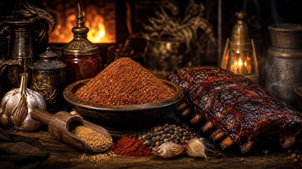 Sweet Smoky Rib Rub presented on a dark fantasy Spice Market workbench