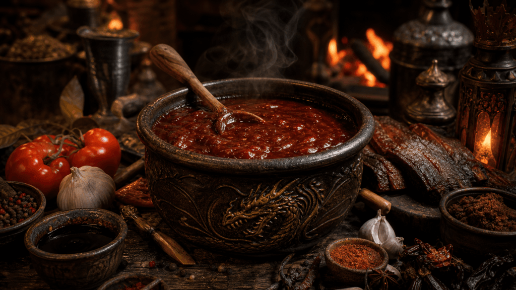 Tavern BBQ Sauce presented on a dark fantasy Spice Market workbench