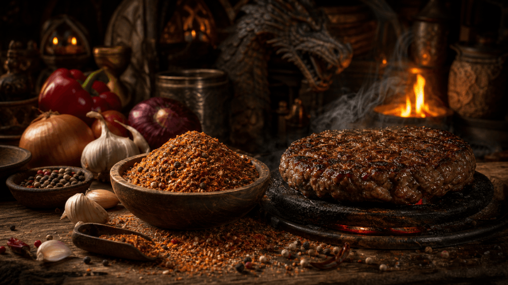 Tavern Burger Rub presented on a dark fantasy Spice Market workbench