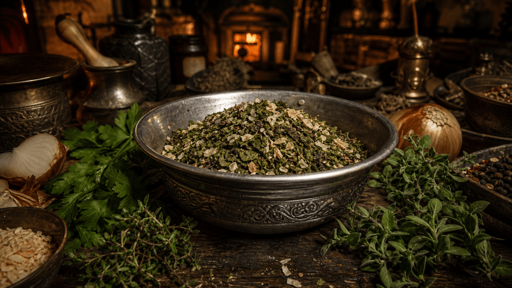 Tavern Herb Mix presented on a dark fantasy Spice Market workbench