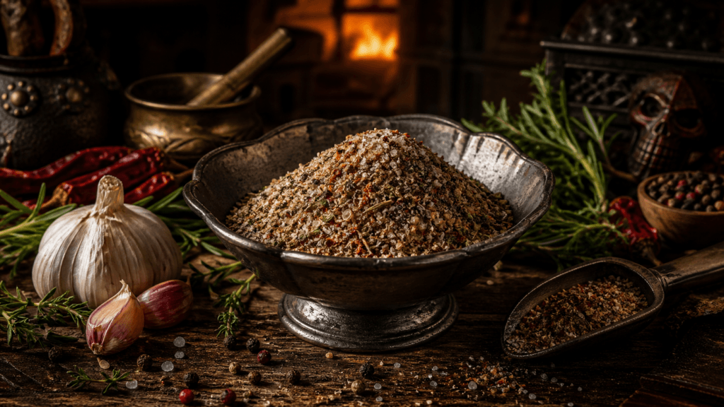 Tavern Seasoning Salt presented on a dark fantasy Spice Market workbench