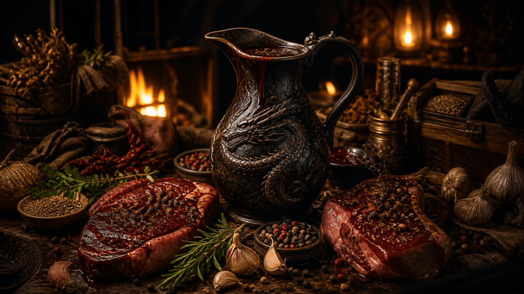 Tavern Steak Marinade presented on a dark fantasy Spice Market workbench