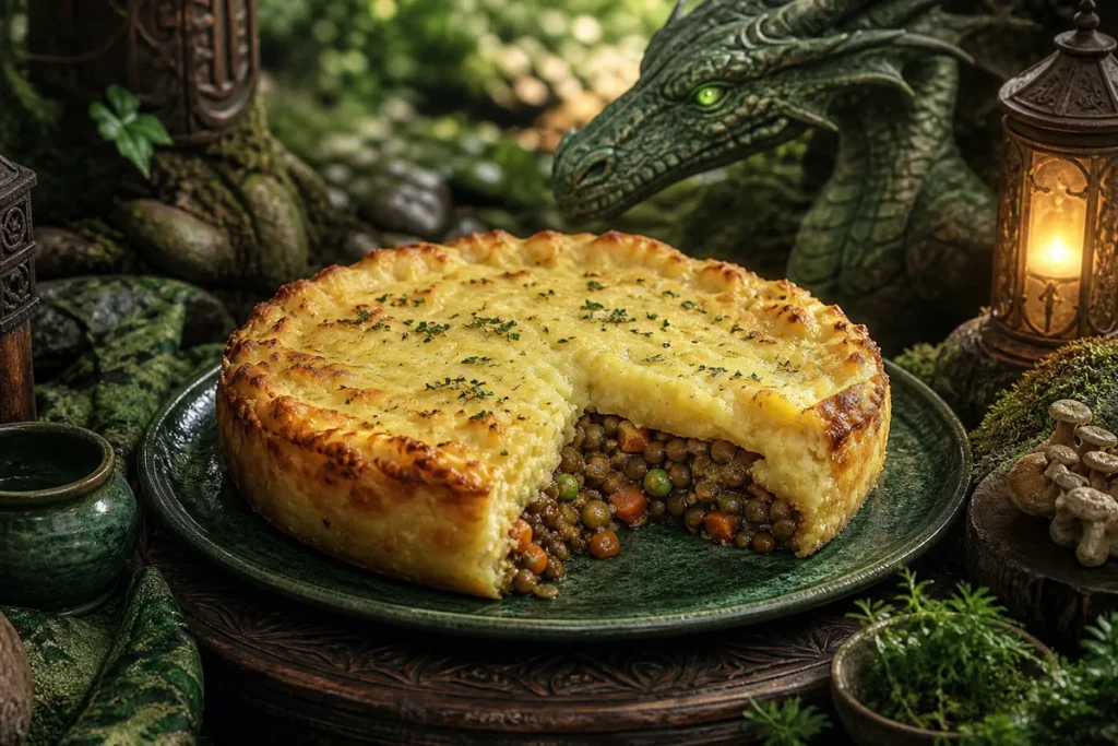 Thornroot Lentil Shepherd’s Pie served in an enchanted Green Dragon woodland feast