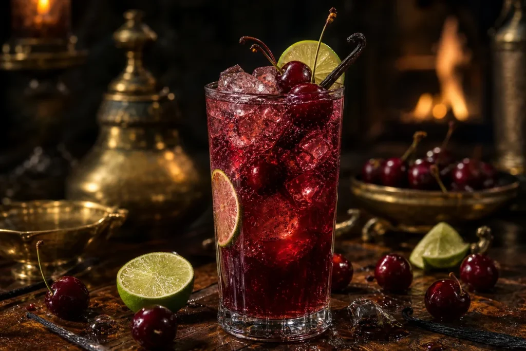 Velvet Comet Cherry Tonic with cherries, lime and sparkling ice