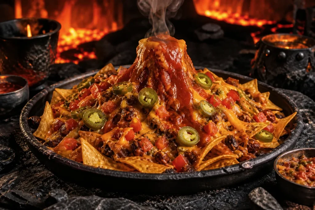 Volcano Nacho Platter with cheese, chilli and jalapenos