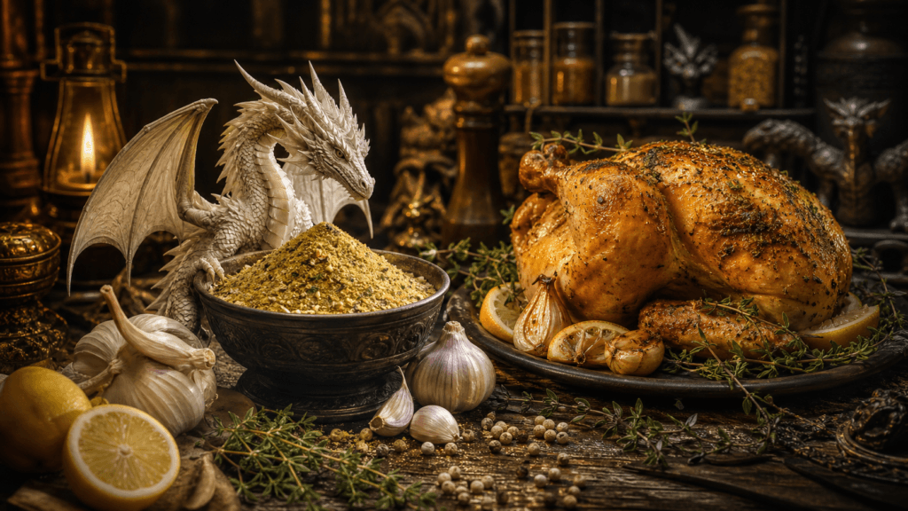 White Dragon Chicken Rub presented on a dark fantasy Spice Market workbench