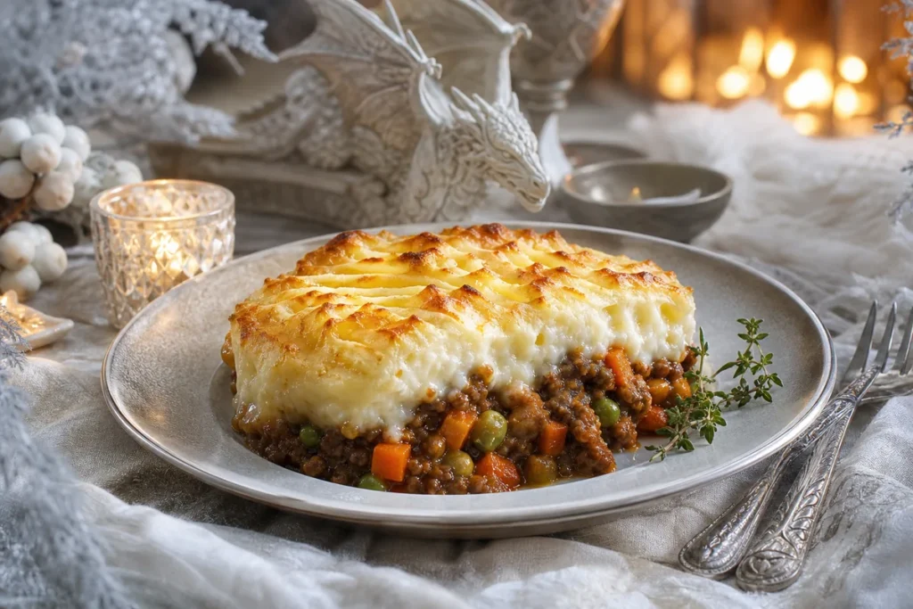 White Dragon Cottage Pie served in a warm-lit White Dragon winter hall