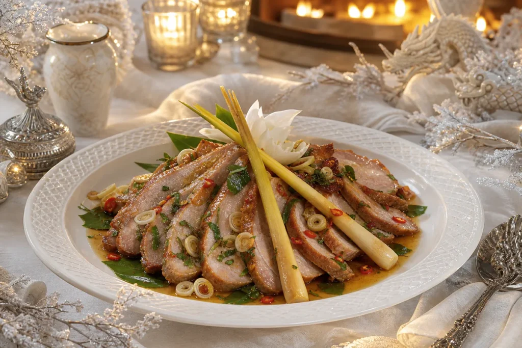 White Lotus Lemongrass Pork served in a warm-lit White Dragon winter hall