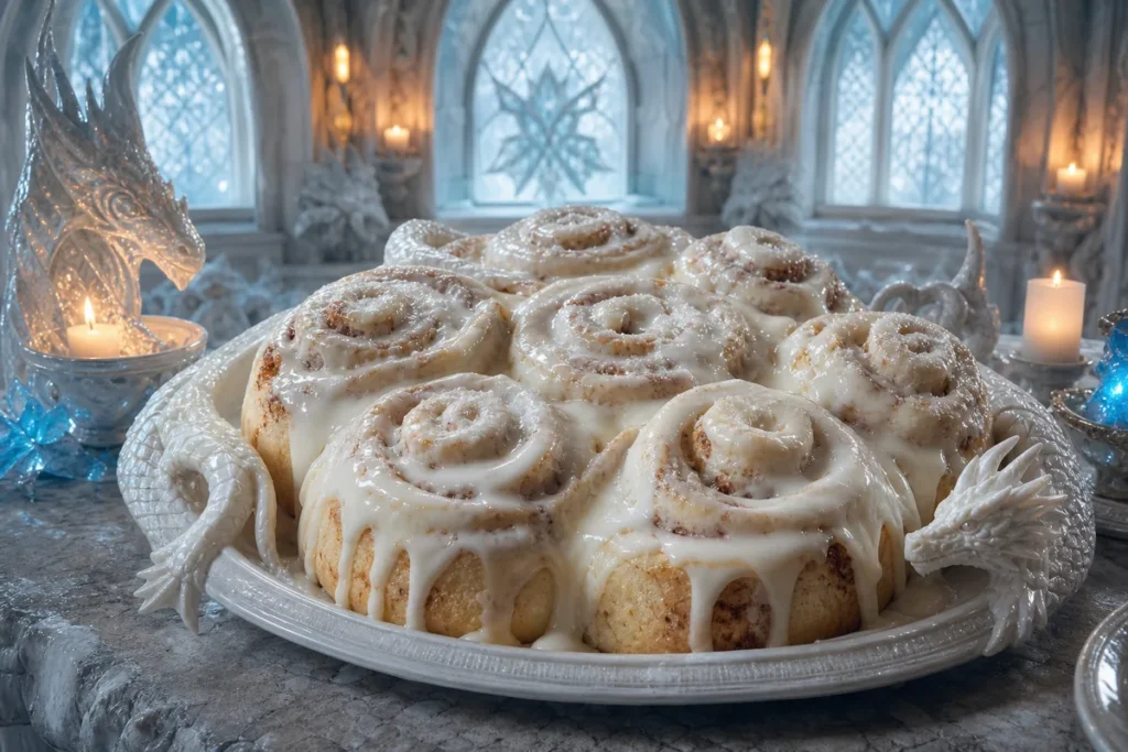 White Wyrm Cinnamon Rolls served in a candlelit Frost Dragon ice hall