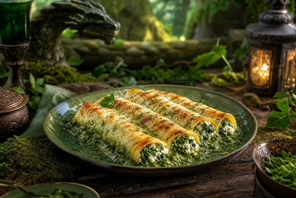 Willowmere Spinach & Ricotta Cannelloni served in an enchanted Green Dragon woodland feast