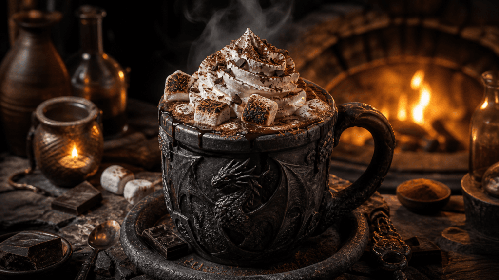 Winter Hearth Hot Chocolate with whipped cream and toasted marshmallows