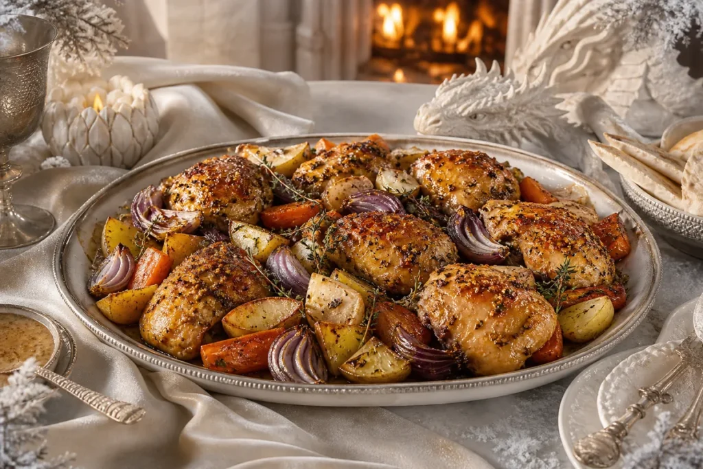 Wintermere Honey Mustard Chicken Tray Bake served in a warm-lit White Dragon winter hall