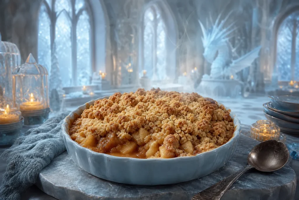 Winterspire Apple Crumble served in a candlelit Frost Dragon ice hall