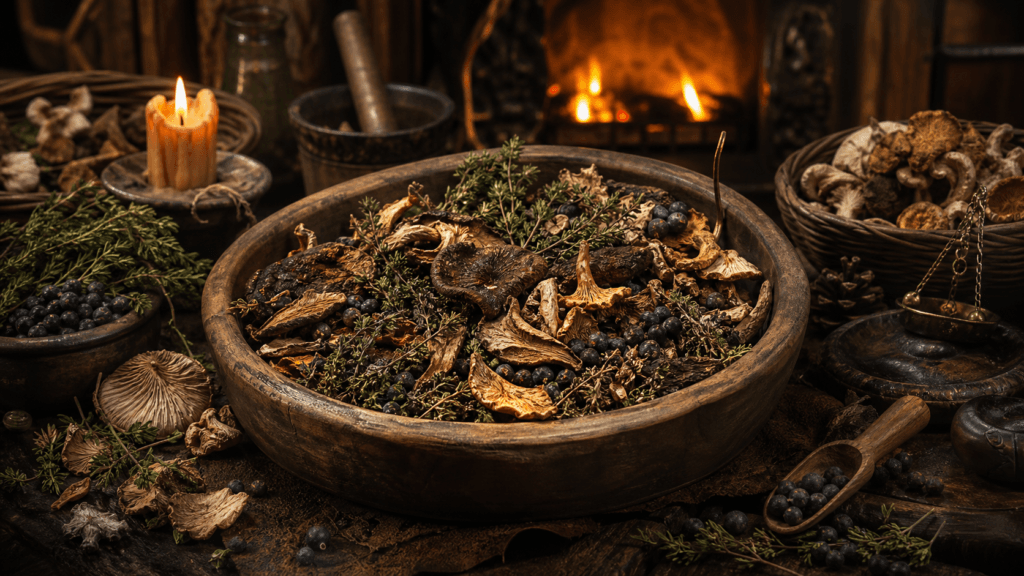 Woodland Forager Blend presented on a dark fantasy Spice Market workbench